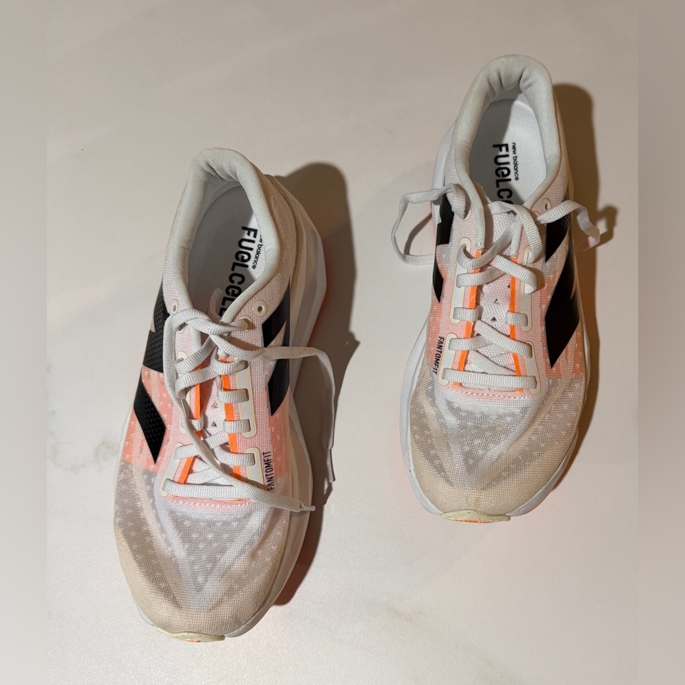 New Balance White and Orange FuelCell Running Shoe with Black N Logo - Picture 2 of 8